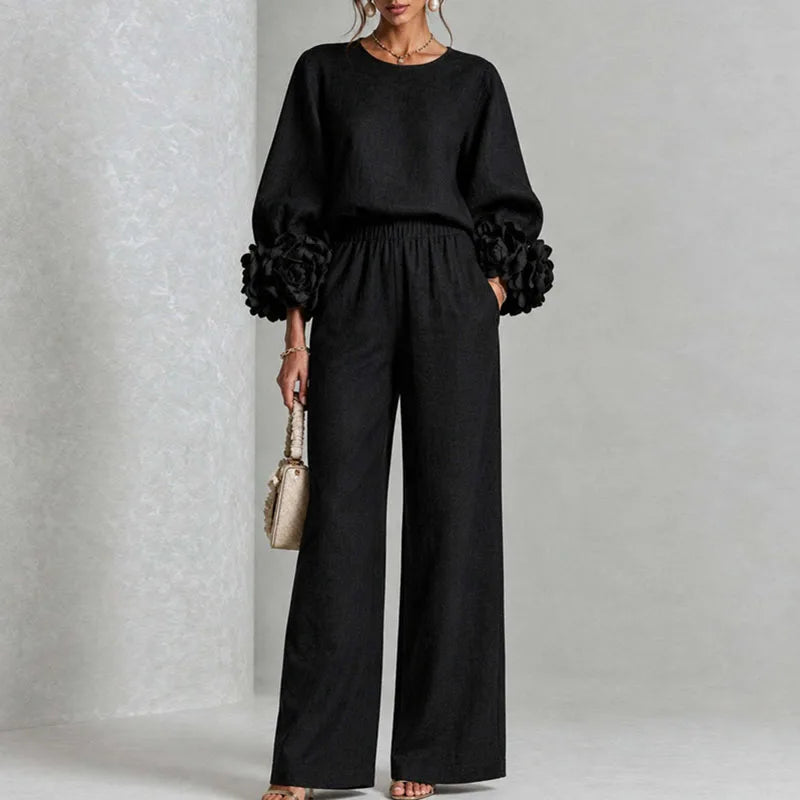 Women 2 Piece Outfit O Neck Puff Long Sleeve Top 3D Floral + Elastic Waist Wide Leg Pants Set