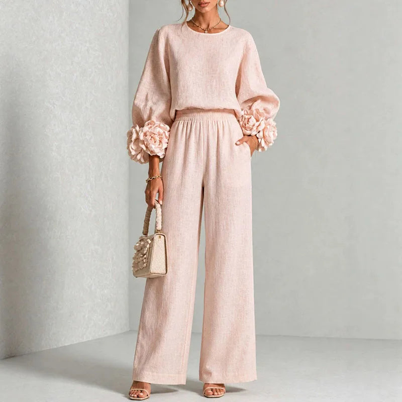 Women 2 Piece Outfit O Neck Puff Long Sleeve Top 3D Floral + Elastic Waist Wide Leg Pants Set