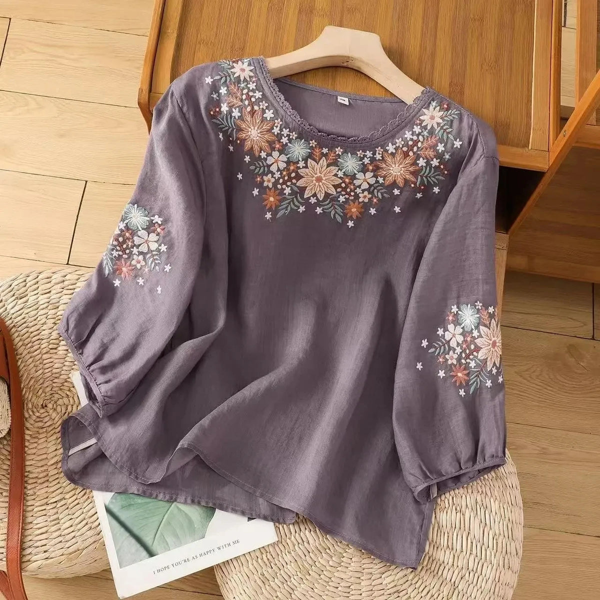 Women's Floral Embroidered Cotton Linen Blouse
