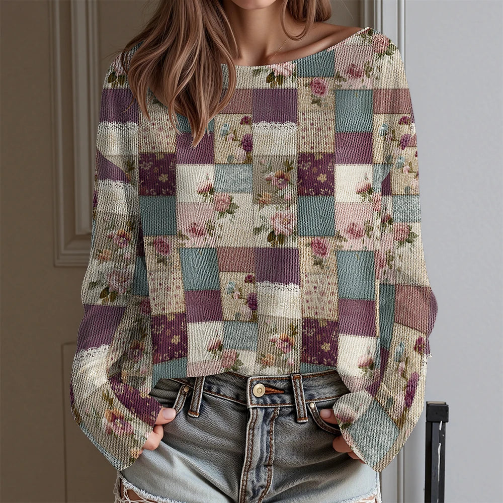 Women's Floral Print Off Shoulder Long Sleeve T-Shirt